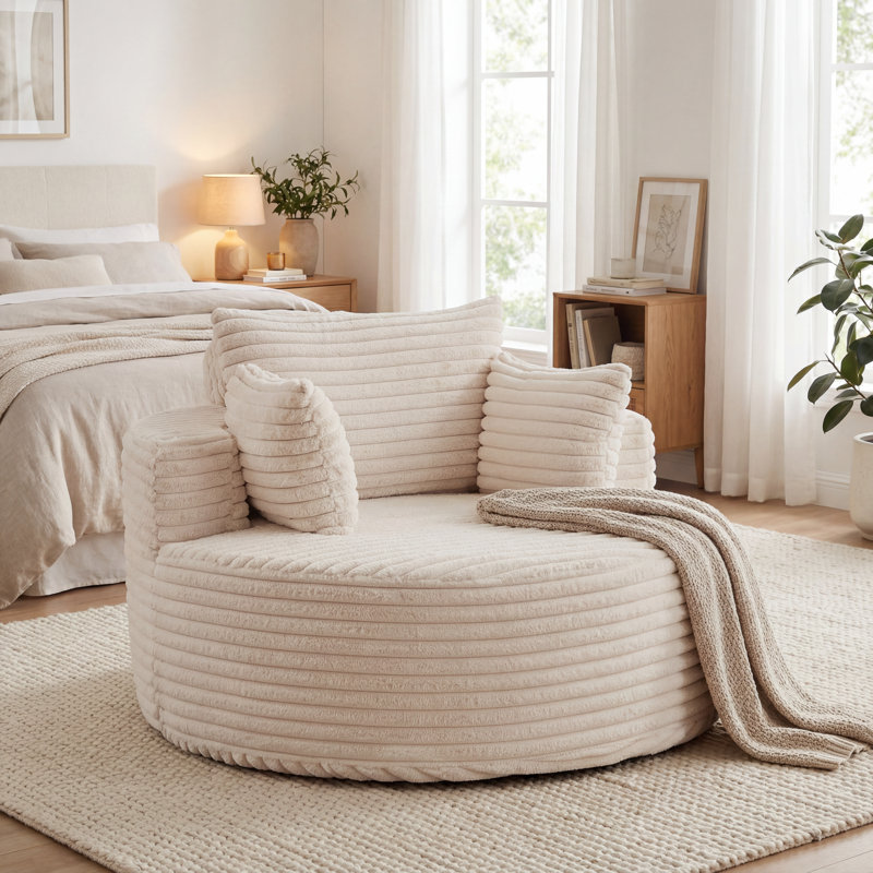 Fauteuil demi-tonneau en velours côtelé 55 po, Crème