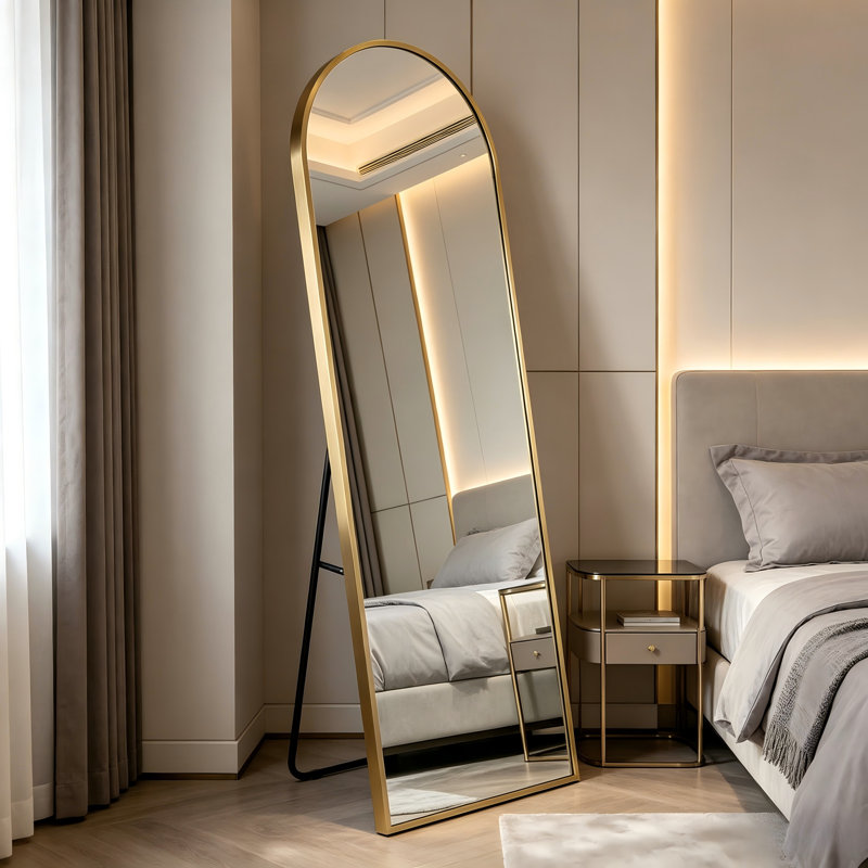 59/64/71-Inch Black And Gold Floor Mirrors, Rust-Resistant Aluminum Frames, Available In Arched And Rectangular Styles.