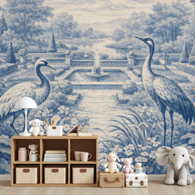 Papier peint auto-adhésif mural rétro bleu avec motif de feuillage d'oiseaux H 69 po x l 96 po amovible auto-adhésif pour chambre à coucher, bureau à domicile