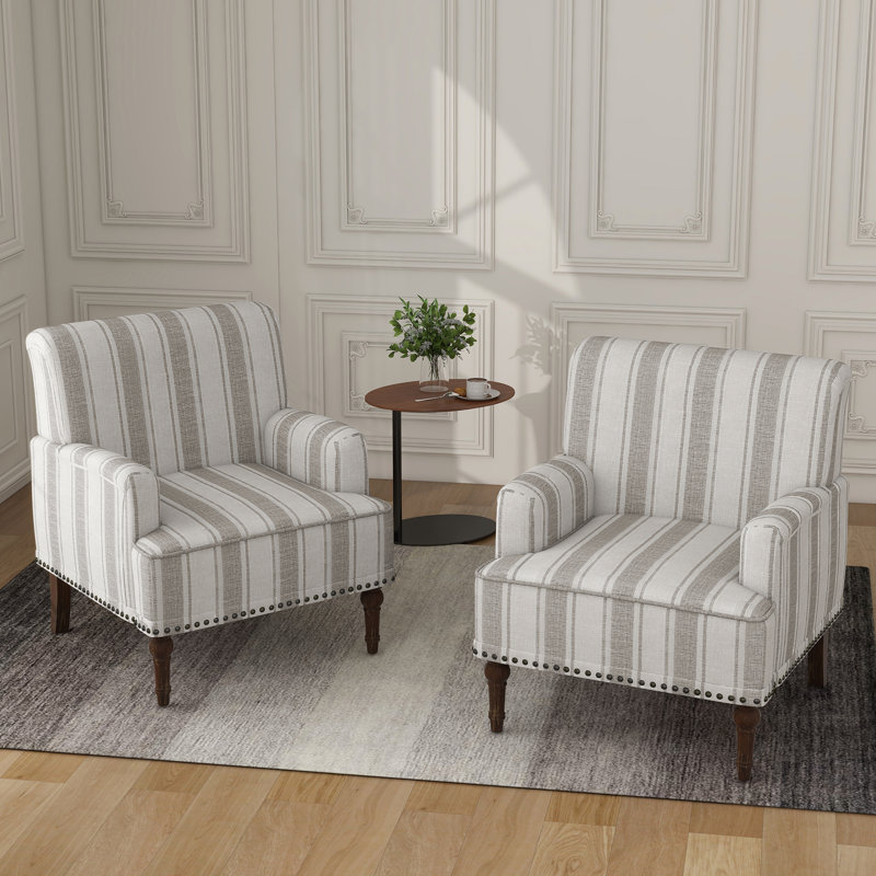 Upholstered Linen Blend Armchair, Brown Stripe Linen
