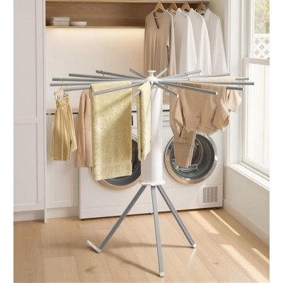 Clothes Drying Rack, Foldable, Rotary Tripod Laundry Drying Rack, Rotatable Portable Floor Standing Clothes Airer, Laundry Room Balcony, 16 Pull-Out Aluminum Alloy Arms, (Silver)