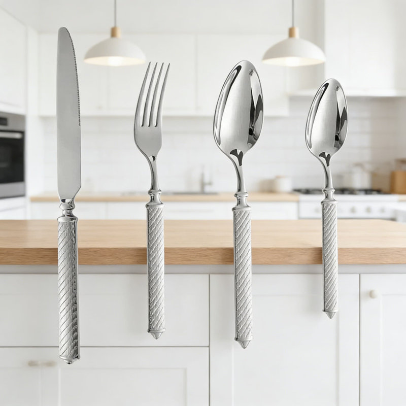 Ensemble 20 pièces de coutellerie professionnelle en acier inoxydable 304 avec poignée torsadée - couteau à steak, fourchette, cuillère et fourchette à dessert pour le restaurant et la maison