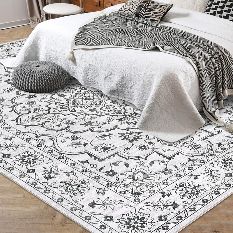 Washable Area Rug, Vintage Floral Medallion Low Pile Non Slip Foldable Indoor Carpet, Pearl Velvet, Dark Grey, 2'x6', Black