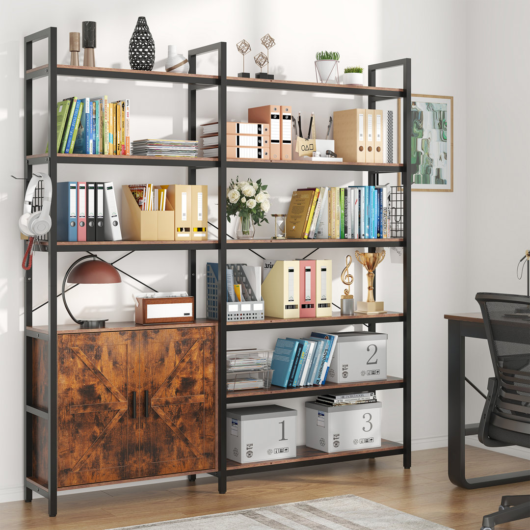 6 Tire Farmhouse Bookshelf And Etagere Bookcases With Storage Cabinet & 2 Barn Doors & 10 Storage Shelves 17 Stories