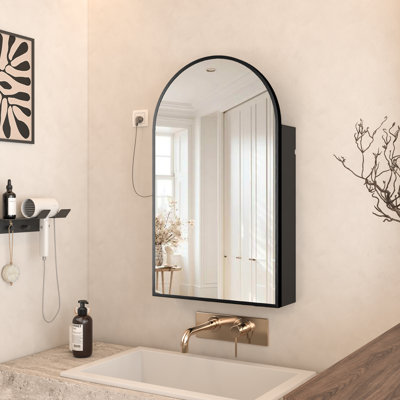 Arched Wall-mounted Mirrored Medicine Cabinet With Storage & Built-in Outlet, Adjustable Shelves