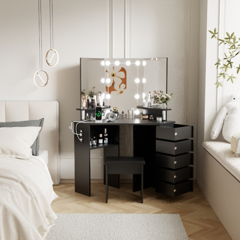 Corner Makeup Vanity Desk with LED Lighted Mirror – 3-Color Adjustable Lighting, 5 Rotating Drawers, Power Outlet, Open Shelves & Stool, Elegant Dressing Table for Women and Girls