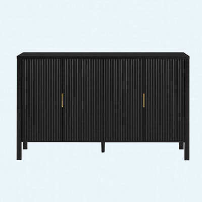 Armoire de rangement moderne 57,5 po à 4 portes avec panneau de fibres à densité moyenne rayé, tablettes réglables, crochets latéraux et supports à l'arrière de la porte