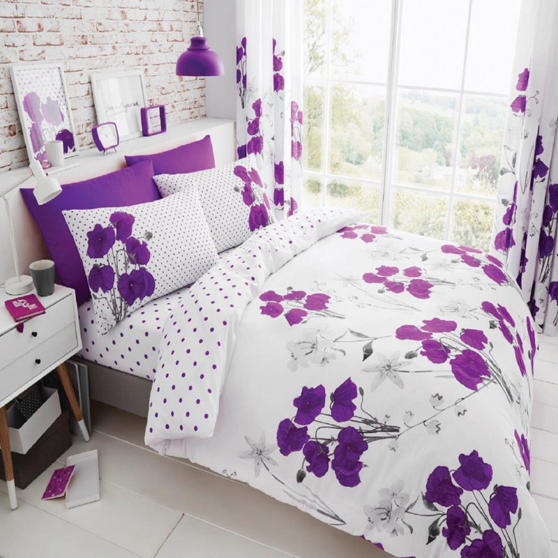 Floral Design Duvet Cover Set Polycotton with Pillowcases - Yarn Bedding, Single, Red