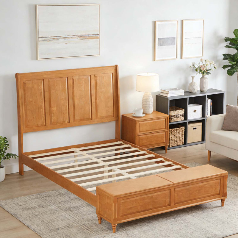 Lit plateforme robuste avec tête de lit haute et banc de rangement, aucun sommier requis, Naturel, Grand lit