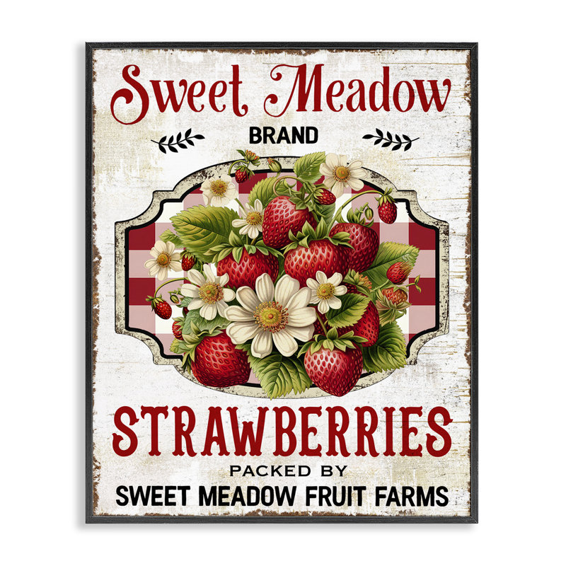 Art de giclée Sweet Meadow Strawberries par Creatif Belle, H 14 po x l 11 po, Giclée encadrée noir minuit