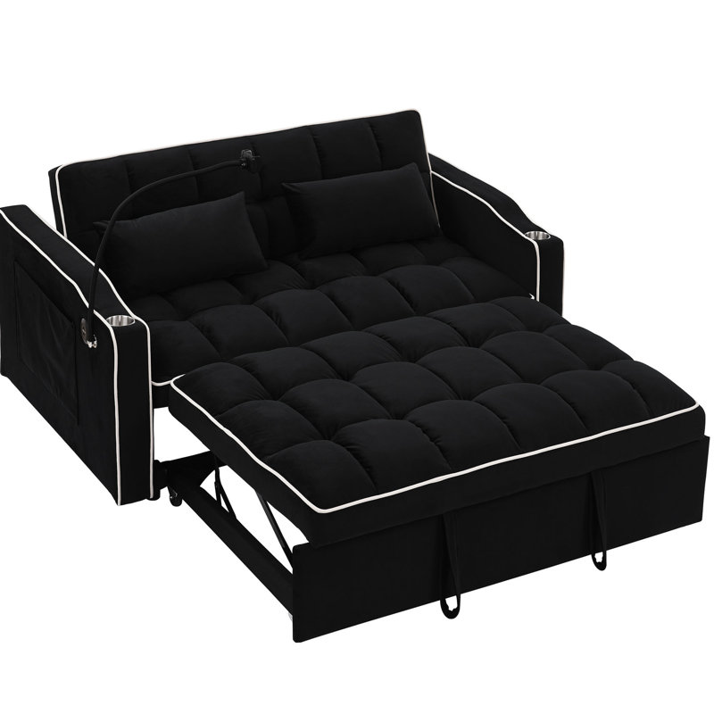 Lit pliant en velours noir avec dossier réglable et accessoires pour téléphone moderne à l'arrière, port, cendrier, support mobile 2 coussins de relaxation (noir