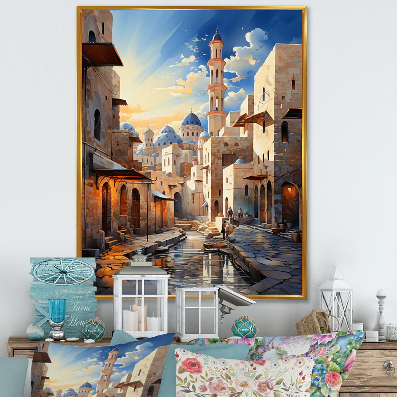 Lyonnie, l'islam, minaret hauteurs sur toile, H 40 po x l 30 po x P 1,5 po, Cadre flottant doré