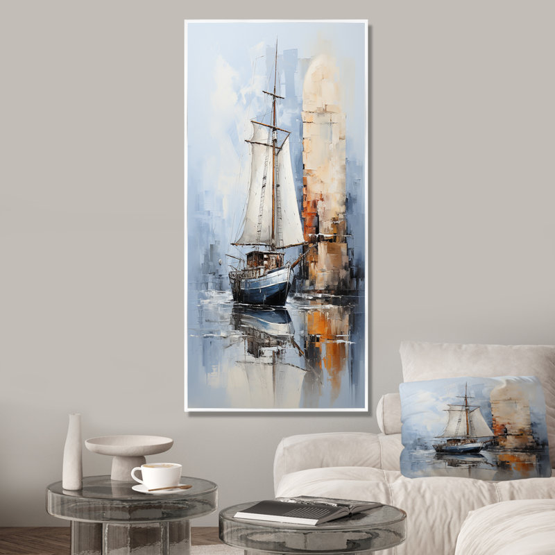 «Minimalist Blue Boat Horizong III - Coastal Minimalisme», art mural, Cadre flottant blanc, H 60 po x l 28 po x P 1,5 po