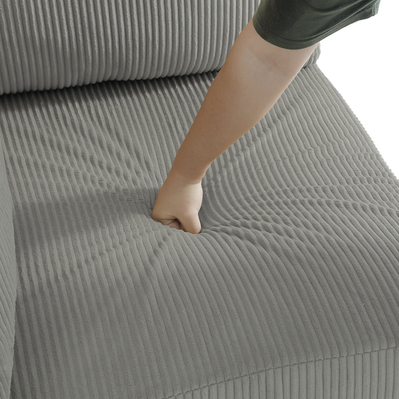 Canapé modulaire en velours côtelé gris clair avec dossier coussiné et repose-pieds amovible Seemab, Gris clair