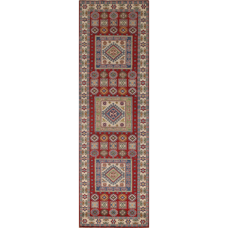 Tapis de couloir unique en laine noué à la main 2 pi 9 po x 9 pi 9 po nouvel âge en rouge / vert / bleu