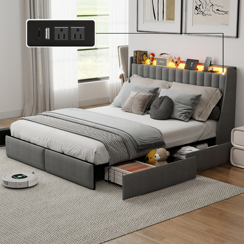 Full Size Upholstered Bed Frame with 4 Drawers, Bed with Storage Headboard, Charging Station and LED Lights, Full