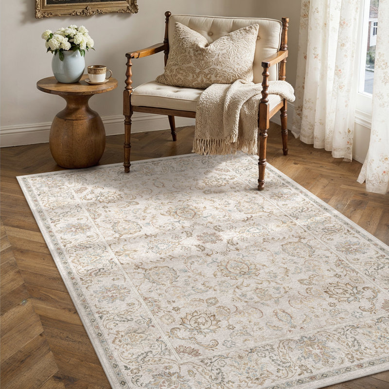 Tapis à motif floral lavable à la machine avec envers antidérapant Elara, Rectangulaire 3 pi x 5 pi, Gris