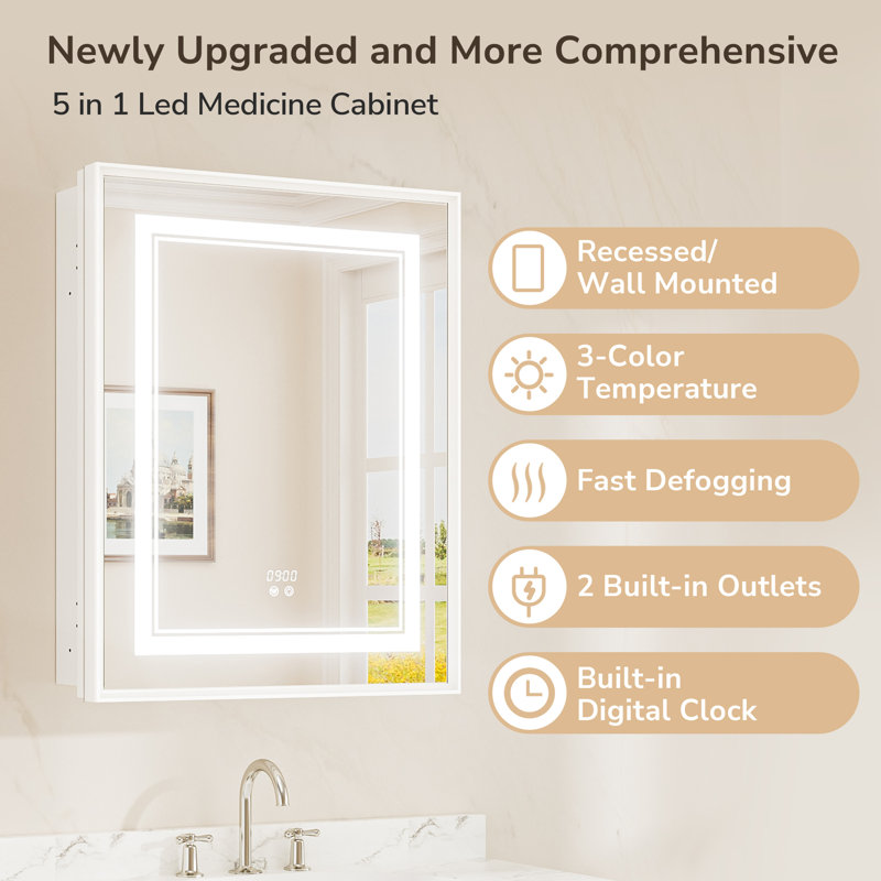 Kassady Recessed & Surface LED Lighted Bathroom Medicine Cabinet, 3-Color, 2 Outlets, Defog Mirror, 30" H x 24" W x 4" D