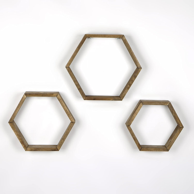 Ensemble de 3 tablettes murales hexagonales flottantes - Rangement et décoration rustique fait à la main