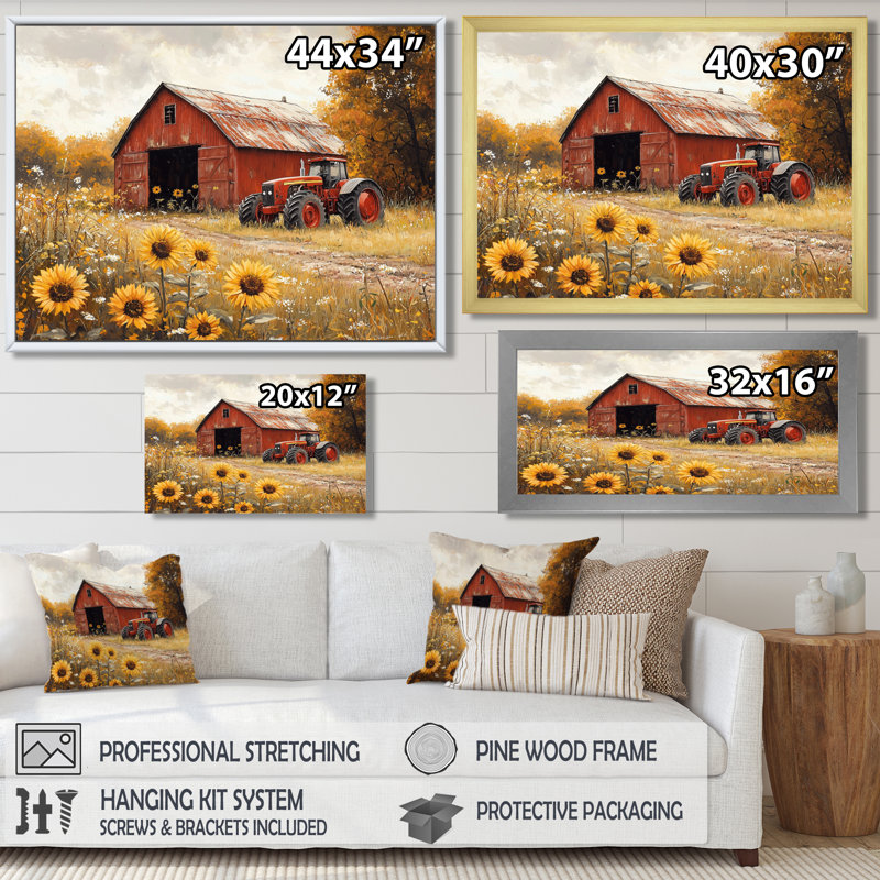 Doneta tournesols et la remise de tracteur I - tournesols, art mural, H 16 po x l 32 po, Impression encadrée flottante, Brun