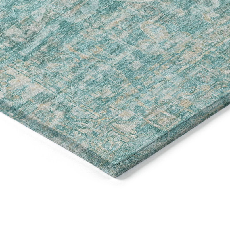 Tapis bleu sarcelle lavable à la machine intérieur / extérieur Xhevrie, Rectangle 10 pi x 14 pi