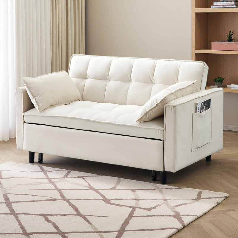 55.1"Velvet Sofa, Elegant With Convenient Pockets, Clever Interpretation Of The Three-In-One Conversion Art, Beige