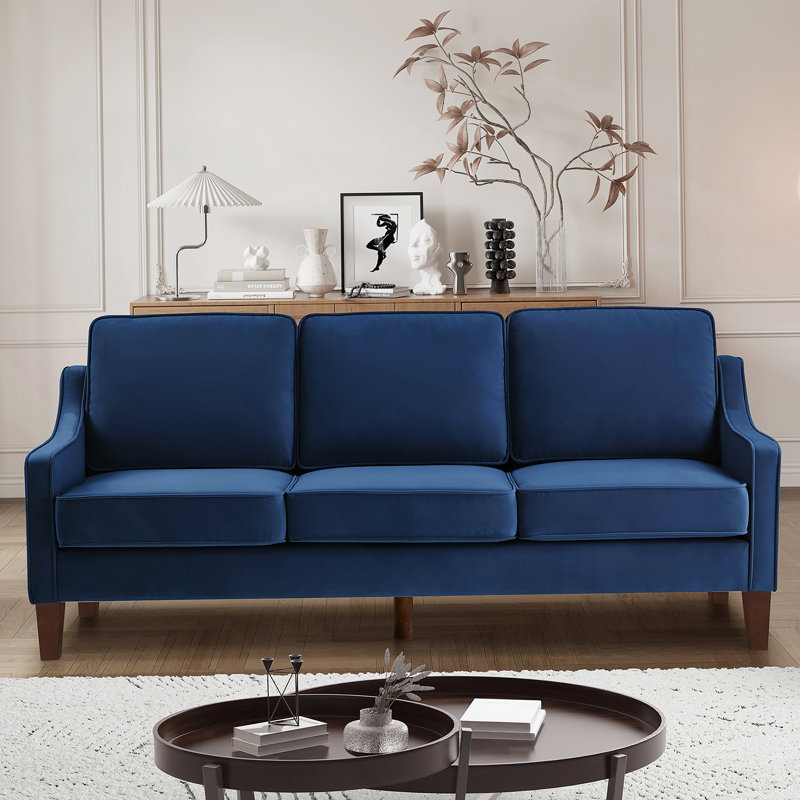 Canapé luxueux en velours 3 places avec accoudoirs arrondis et coussins amovibles pour la maison, Marine