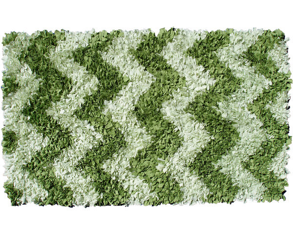Tapis décoratif vert à poils longs fabriqué à la main à motif Chevron, Rectangle 4 pi 7 po x 7 pi 7 po
