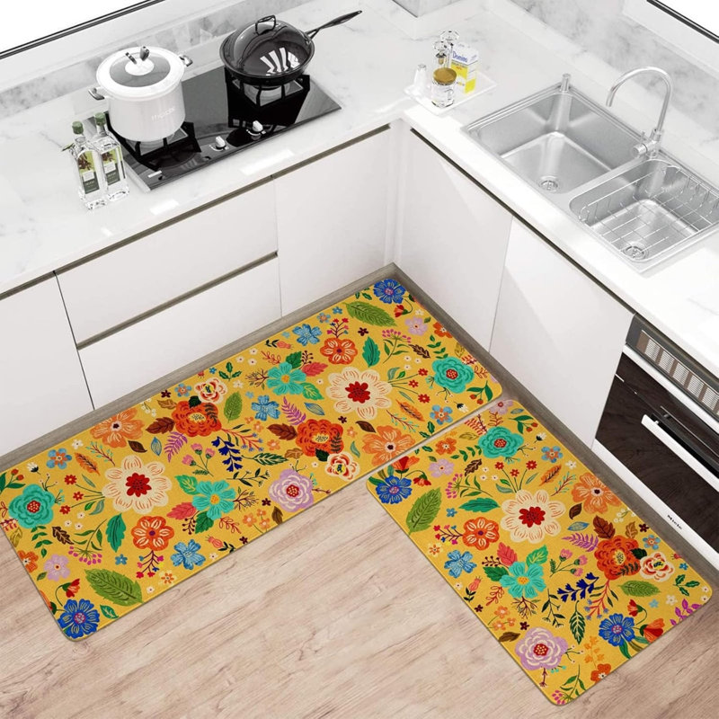 Ensemble de 2 tapis de cuisine lumineux à imprimé floral pour la cuisine et la salle à manger