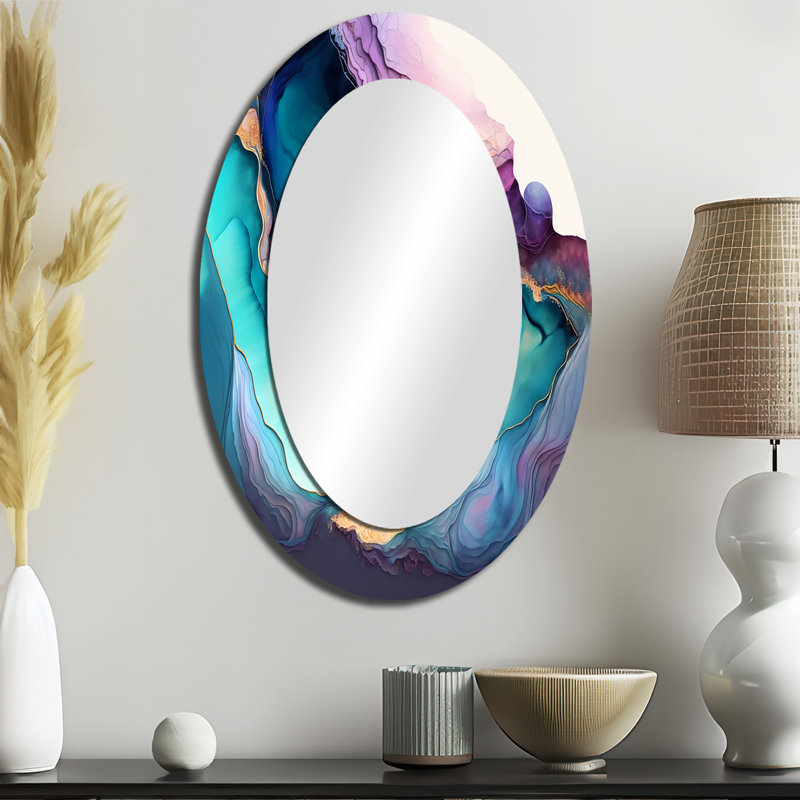 "Starkesha" bleu mauve abstrait Geode I - grand miroir mural en marbre, miroir unique moderne, impression d'art en métal
