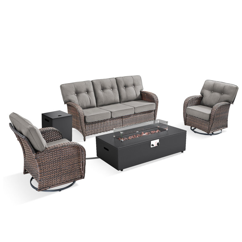Bruner 4-Piece Wicker Rattan Patio Conversation Set With Swivel Gliders, Outdoor Split Fire Pit Table With Hidden Tank Holder