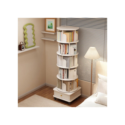  6-Tier Rotating Round Bookshelf with Wheels and Drawer