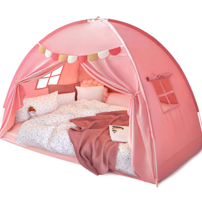 Lit à baldaquin pleine grandeur pour enfants, tente pour lit de filles, intimité, maisonnette de jeu pour l'intérieur, tente pour tout-petits sous un lit superposé rose avec banderoles, jouets pour enfants