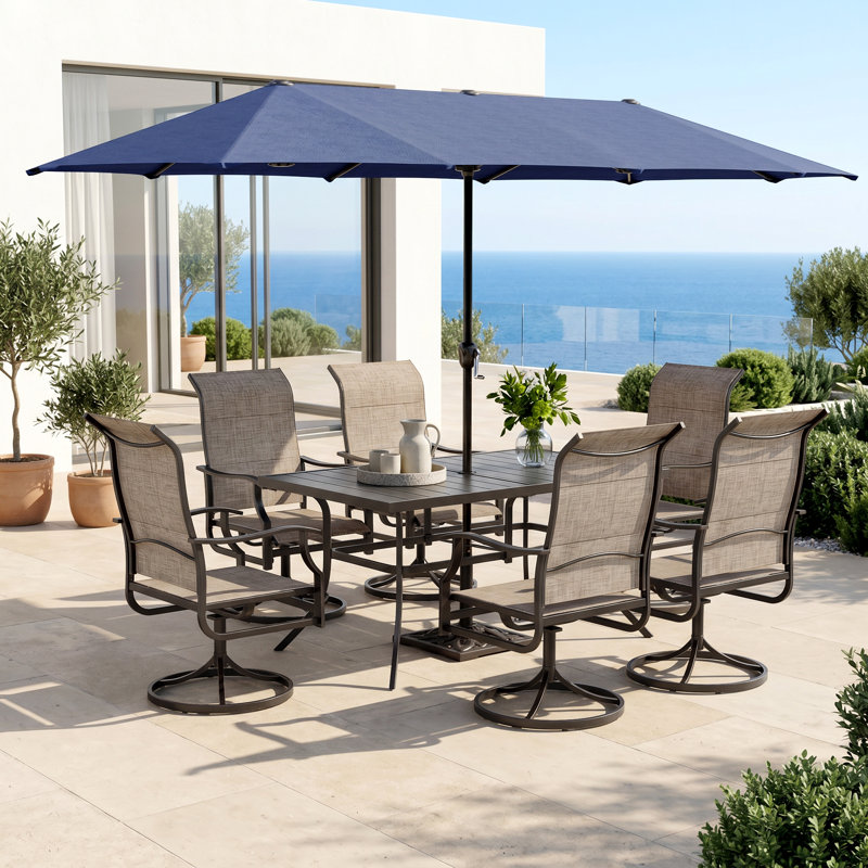 8pcs Rectangle Outdoor Patio Dining Set With Umbrella, Navy