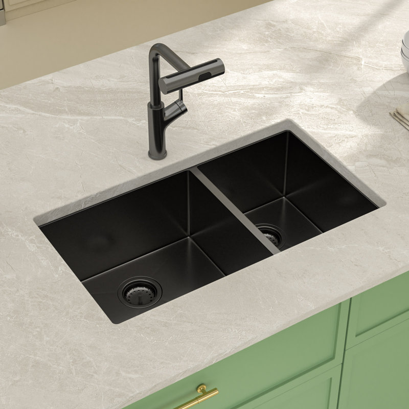 33" L x 19" W Undermount Stainless Steel 60/40 Double Bowl Kitchen Sink with Sink Grid, Strainer and Roll-up Rack