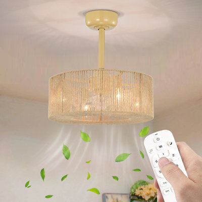 18.9 "Farmhouse Remote Control Reversible Hemp Rope Rattan Cage Lower Rod Mount Flush Mount Ceiling Fan with Living Room/Bedroom Lighting Kit