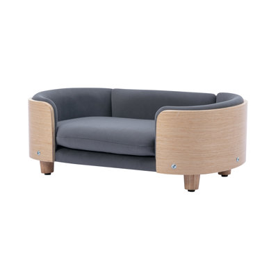 Small Size Dog Bed In Scandinavian Appearance, With Solid Wood Legs, Bent Back, Breathable Velvet Cushion, Rebound Foam, - Scratch, Waterproof & Stain