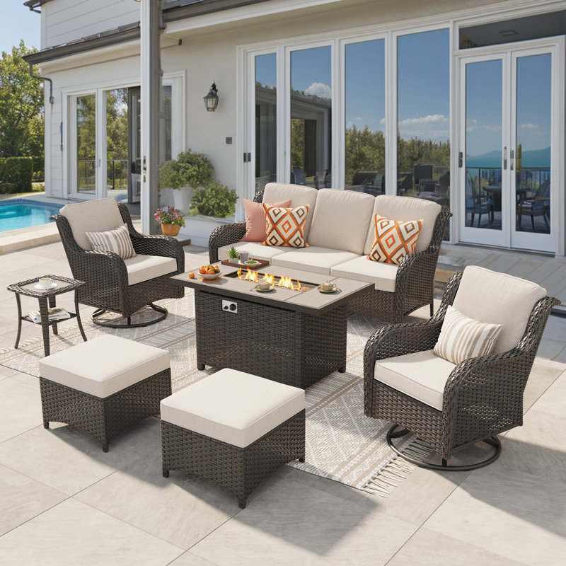 5 - Person Wicker Outdoor Conversation Set, Patio Swivel Chair Set with Fire Pit and Cushions, Beige Cushion/Brown Frame