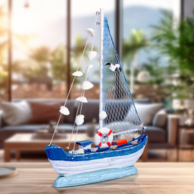 Voilier en bois bleu et blanc rustique - décor bord de mer