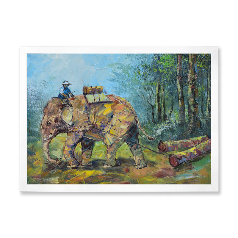 Rétro vie d'éléphant d'Asie rétro - peinture sur toile, H 24 po x l 36 po x P 1 po, Cadre de coin blanc fermé