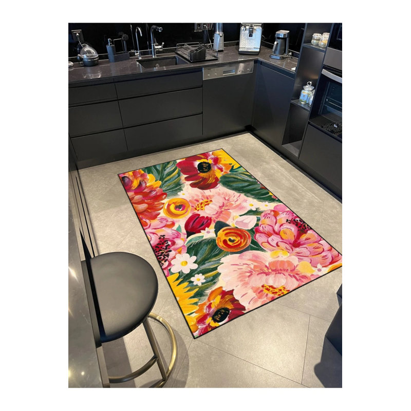 Pink Floral Woven Base Washable Carpet, Round 3'4"