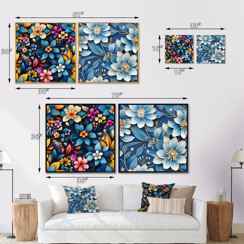 Hashimoto - Ensemble de 2 collages carrés botaniques abstraits, H 16 po x l 33 po, Cadre flottant doré