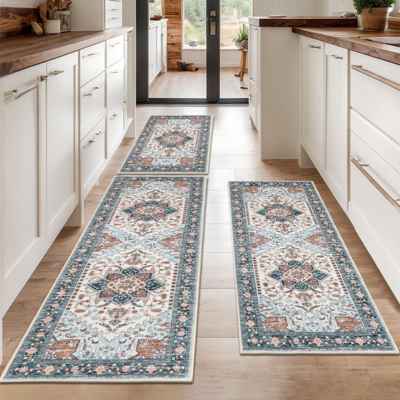 Faux Nylon Pile Non-Slip Washable Kitchen Mats (Set of 3), Blue