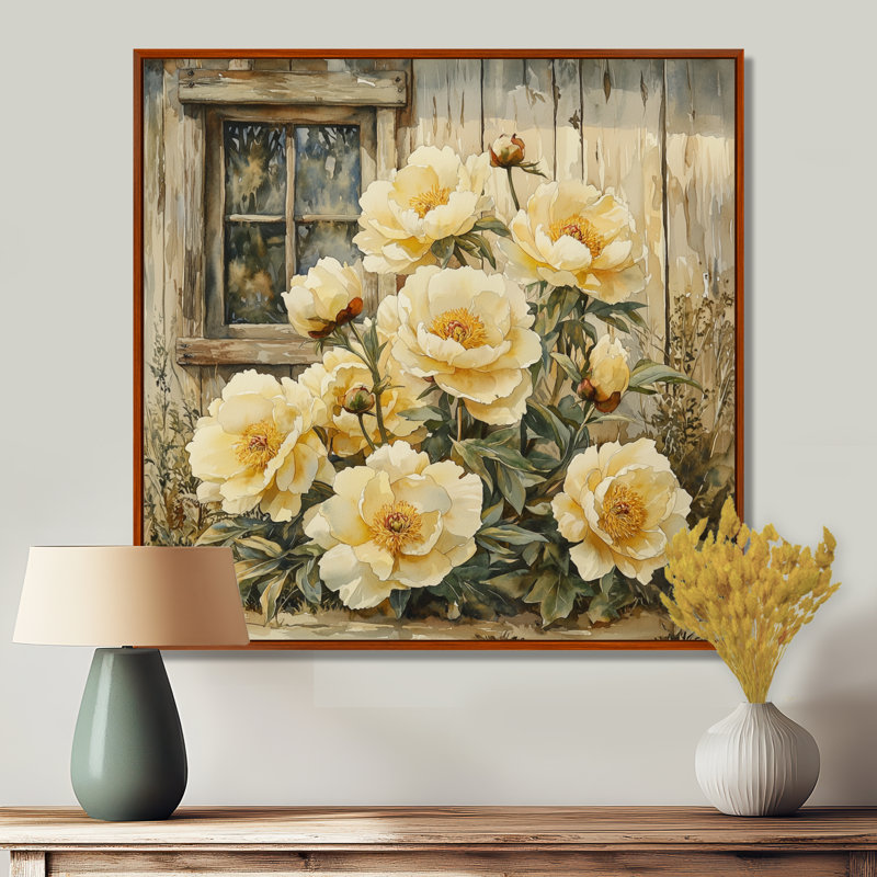 «Croom Pivoines» par le vieux poulailler II - Pivoines, art mural, Impression encadrée flottante sans passe-partout, Brun
