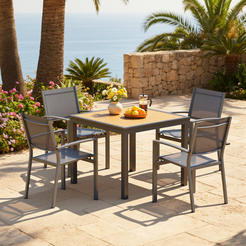 Abshire 5-Piece Outdoor Dining Set, 4-Person Outdoor Table and Chairs with Square HDPS Top & Weather-Resistant Metal Frame, All-Weather Patio Dining Set for Backyard, Deck, Garden