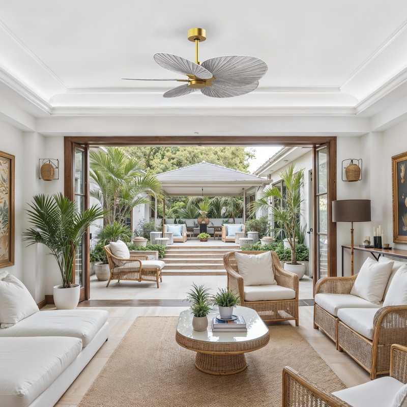 Alessandra - Ventilateur de plafond à cinq pales, Laiton brossé, Ton bois de grange