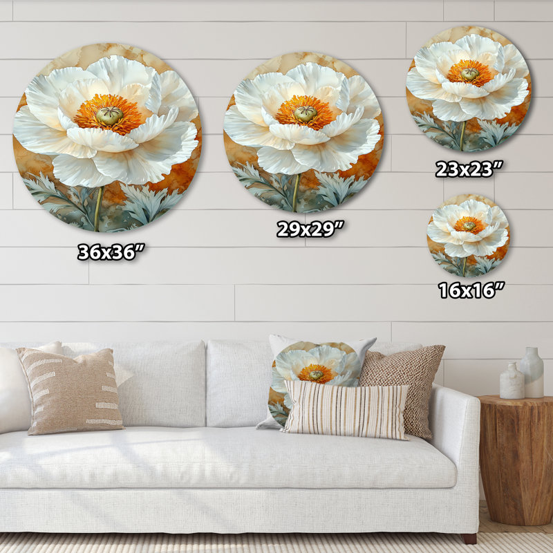 Pivoine blanche fleur de tranquillité - coquelicots ronds, impression sur métal blanc traditionnel, H 16 po x l 16 po