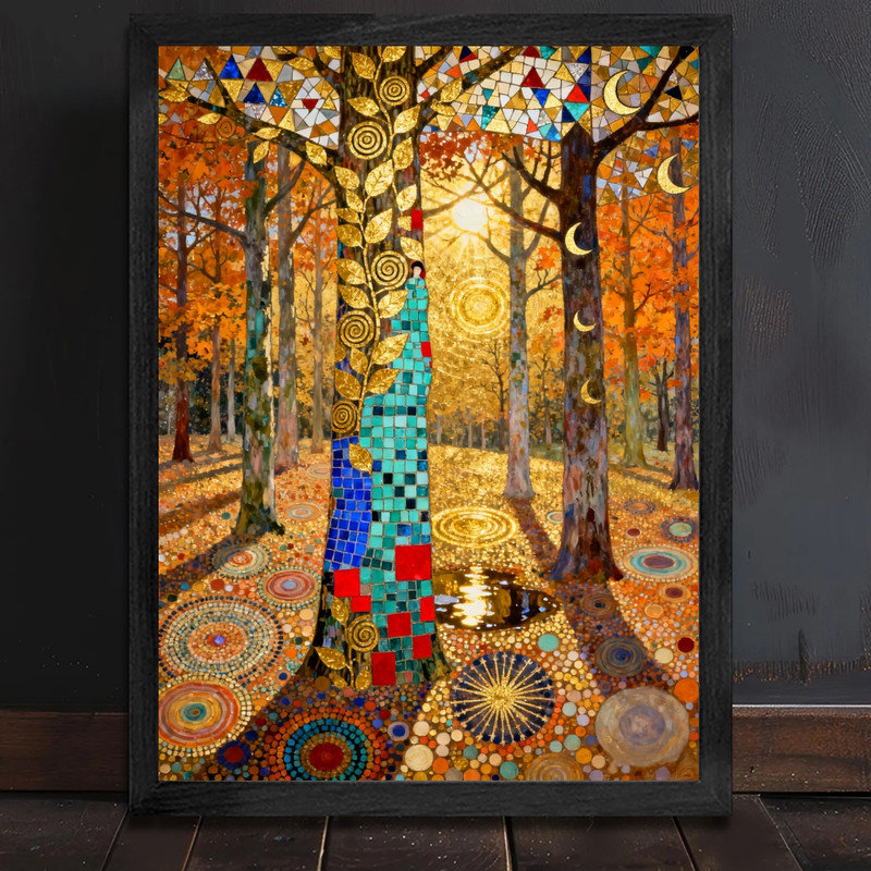 Art mural encadré noir de style forêt dorée de style Gustav Klimt, impression de cadre bohémien Art Nouveau, H 11 po x l 9 po
