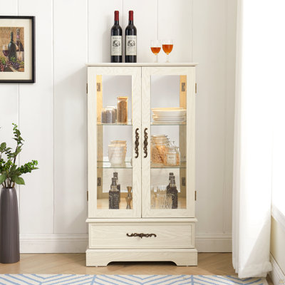 Lighted Glass Curio Cabinet With Adjustable Shelves - Elegant 2-Door Display Cabinet & Built-In Drawer, Includes Bulb