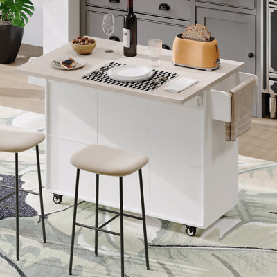 Kitchen Island With Trash Can Storage Cabinet, Kitchen Cart With Drop Leaf, Spice Rack, Towel Rack And Drawer, Rolling Kitchen Island On Wheels With A
